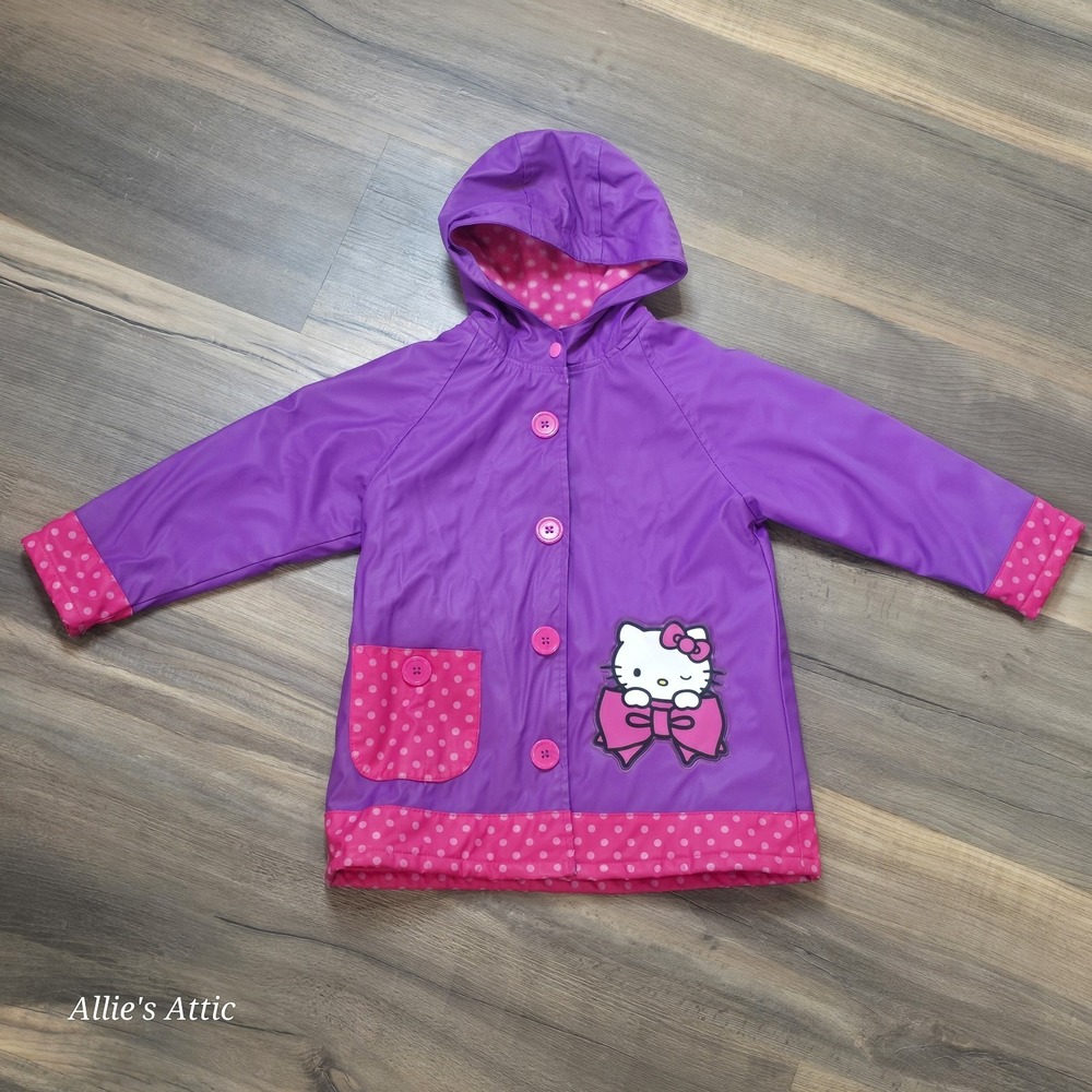 Hello Kitty Girls Rain Jacket Coat Size 4 Purple Pink Fleece Lined Hooded Snap